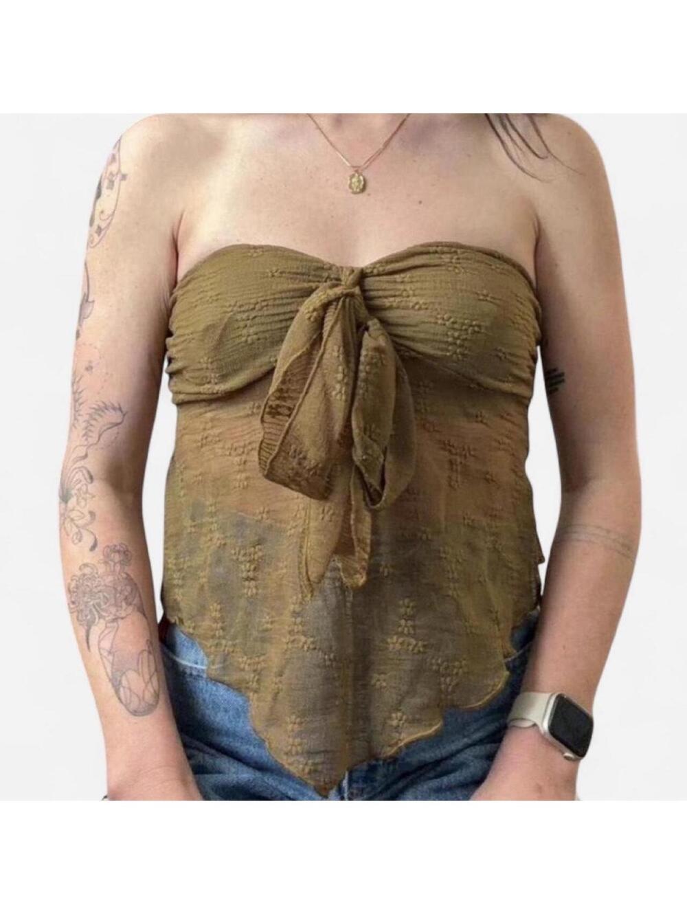 Cider Women's Brown and Khaki Crop-top